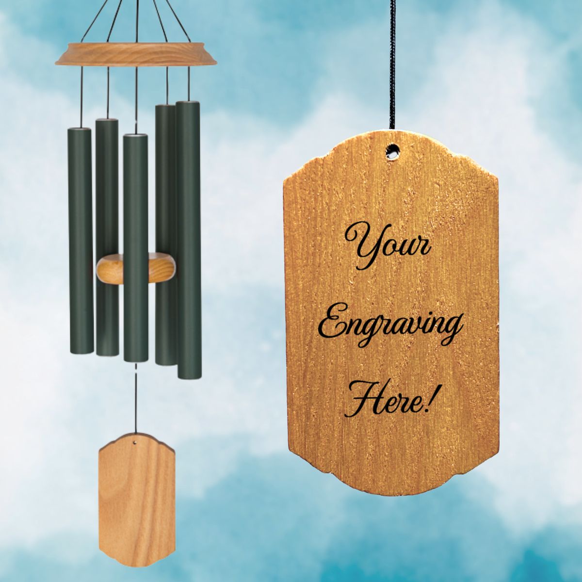 Carson 21 INCH Forest Green Signature Symphonies Wind Chime – five powder‑coated forest green aluminum tubes hanging from a wood top, adjustable striker, with wooden windcatcher beneath; tuned to key of D, durable outdoor design with industrial cord