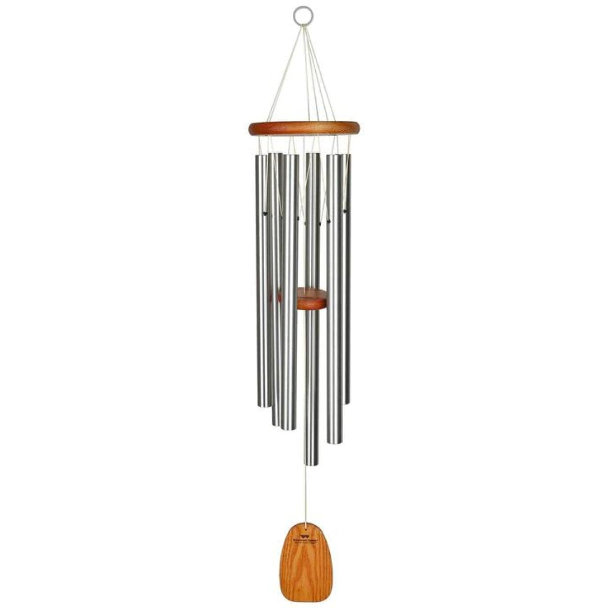 Woodstock brand 'Amazing Grace' wind chime with silver aluminum tubes that is 40 inches in length, with customizable orange wooden wind sail and o ring hook