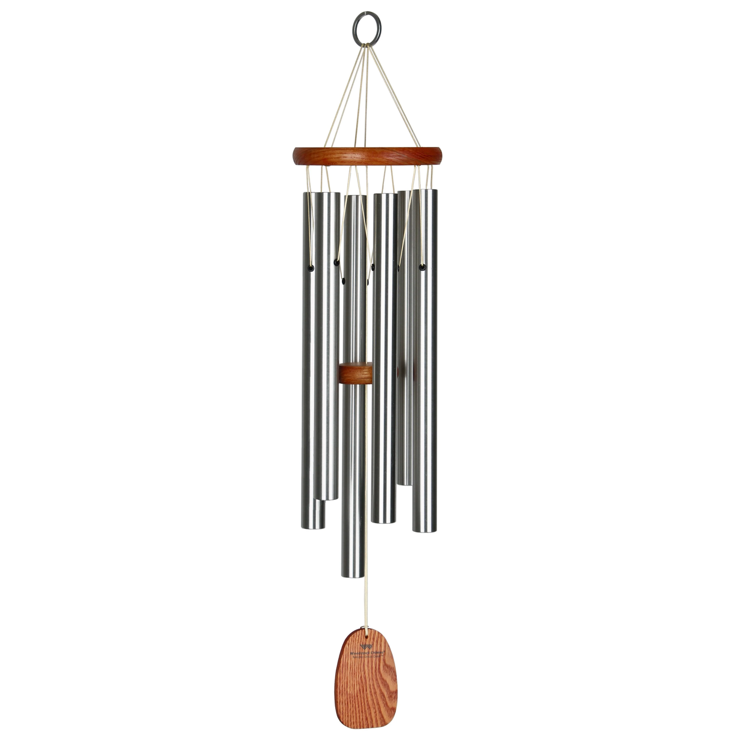Woodstock brand 'Amazing Grace' wind chime with silver aluminum tubes that is 25 inches in length, customizable orange wooden wind sail, and o ring hook