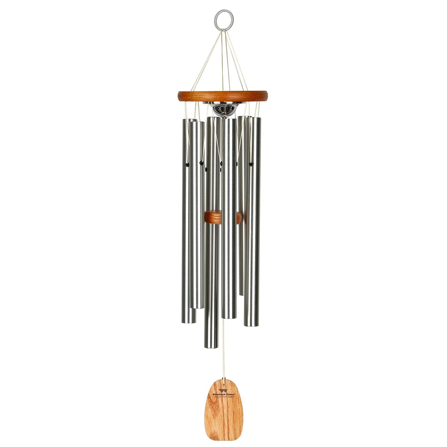 Woodstock brand 'Amazing Grace' memorial wind chime with silver aluminum tubes, 24.5 inches in length, urn, customizable orange wooden wind sail, and o ring hook
