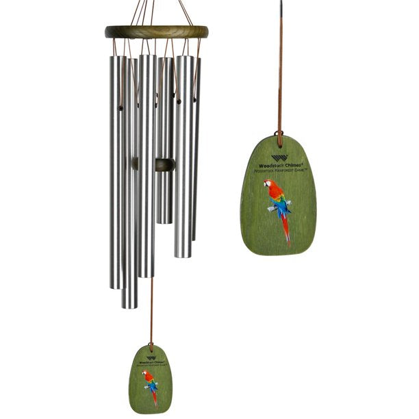 Woodstock Rainforest 24-Inch Wind Chime BEING A 24 INCH hanging chime featuring five SILVER‑tone aluminum tubes suspended from a soft green wash ash‑wood top, with a decorative windcatcher painted with a vivid scarlet macaw motif DISPLAYED IN FRONT OF A WHITE BACKGROUND