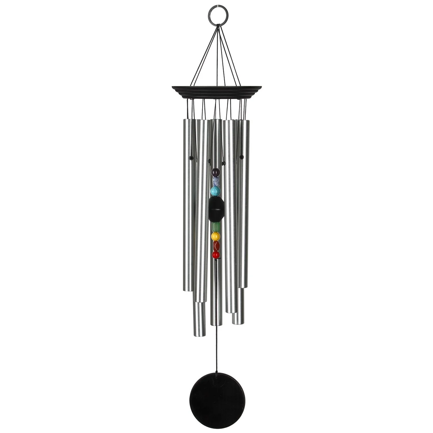 Woodstock Percussion 7‑Stone Bronze Chakra Wind Chime with engravable wooden wind sail WITH seven SILVER aluminum tubes hang from BLUE WASH finish ash‑wood top; the faceted clapper aligns seven chakra stones vertically, with a round wooden sail AND AN O RING HOOK