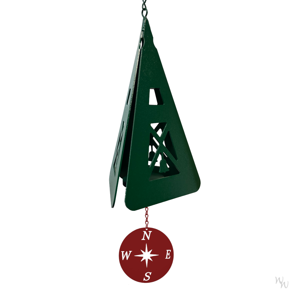 North Country Compass Rose Starboard Green Buoy Bell wind bell featuring a 14‑inch powder‑coated green steel bell, triangular green compass‑rose windcatcher with red compass star, suspended from jack chain; total length approx. 30 inches; single‐tone coastal‑inspired bell made in USA DISPLAYED IN FRONT OF A WHITE BACKGROUND