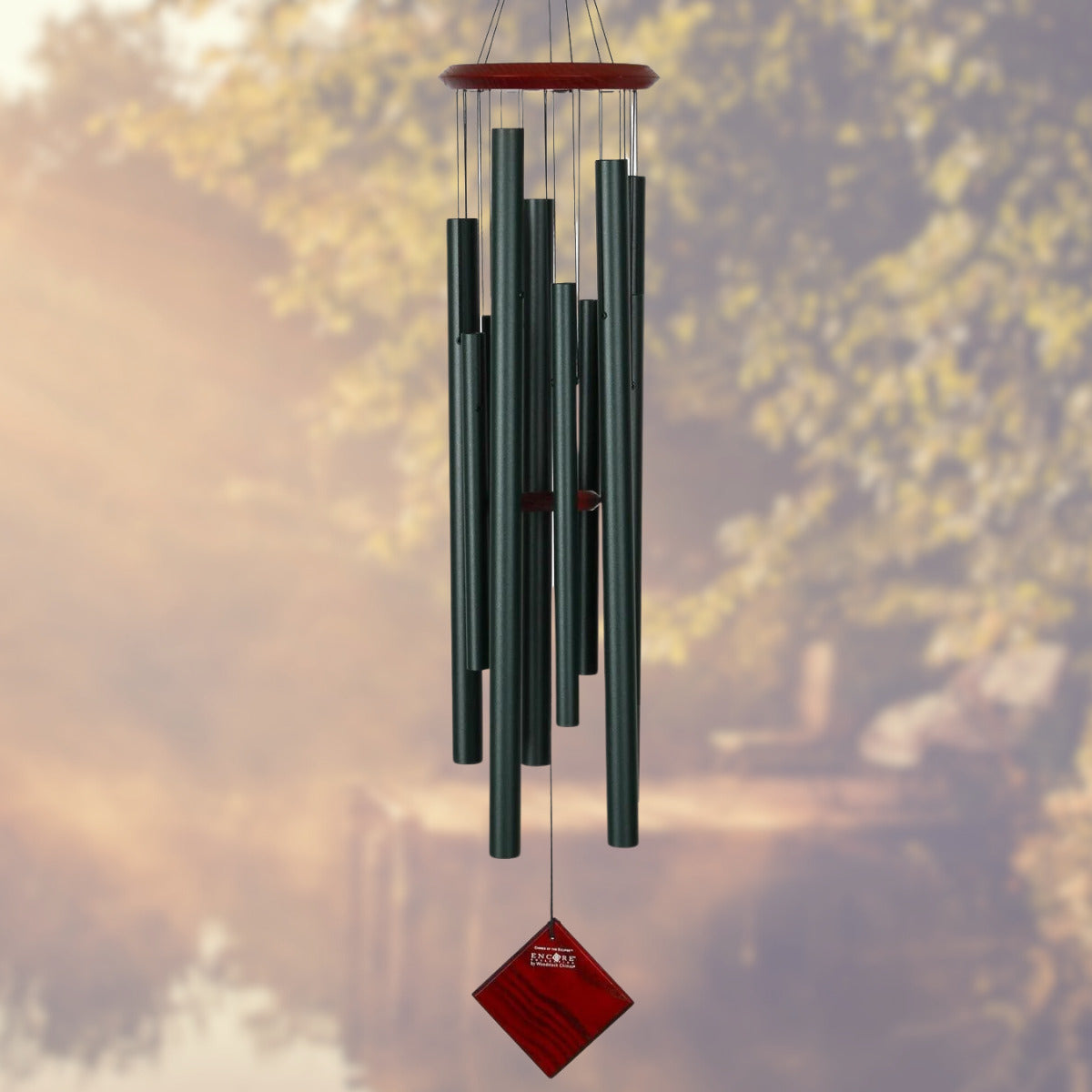 Woodstock brand 'Chimes of the Eclipse' evergreen color coated aluminum tubes wind chime that is 40 inches in length, with customizable red wooden wind sail