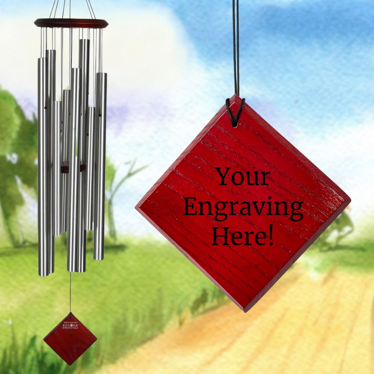 Woodstock brand 'Chimes of the Eclipse' silver aluminum tubes wind chime that is 40 inches in length, with customizable red wooden wind sail, shown with placeholder text 'Your Engraving Here!'
