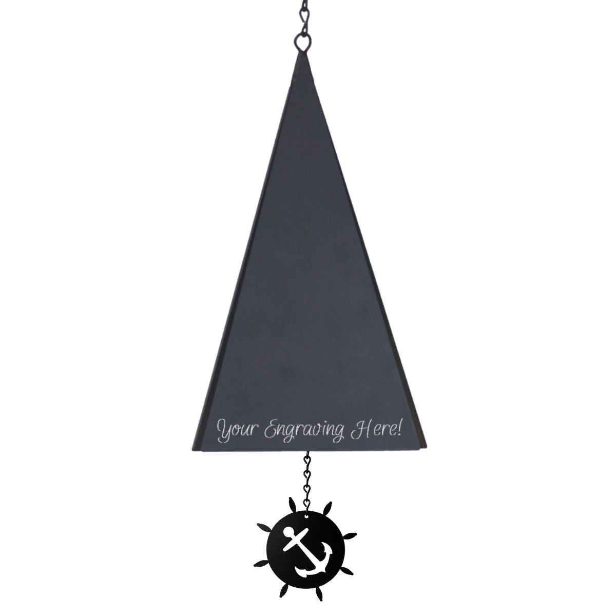 North Country Buoy Bell – engraved version featuring an 8-inch powder‑coated recycled steel bell in a triangular shape, hanging from jack chain with windcatcher sailing below