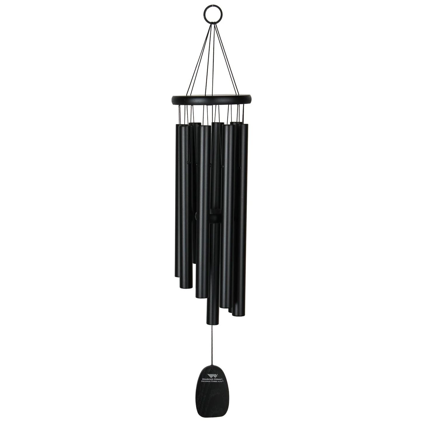 Black Woodstock 27 inch Gregorian Chimes Alto wind chime, black tubes and black accents, on a white background