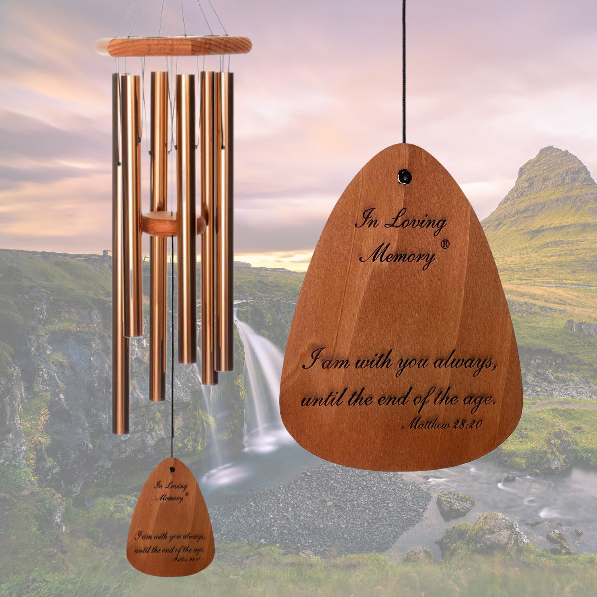 In Loving Memory BRAND wind chime THAT IS 35 inches WITH BRONZE ALUMINUM TUBES PRE-ENGRAVED with THE QUOTE, "I AM WITH YOU ALWAYS, UNTIL THE END OF THE AGE. MATTHEW 28:20" ON THE WIND SAIL, ALL OF WHICH IS DISPLAYED IN FRONT OF A LANDSCAPE BACKGROUND