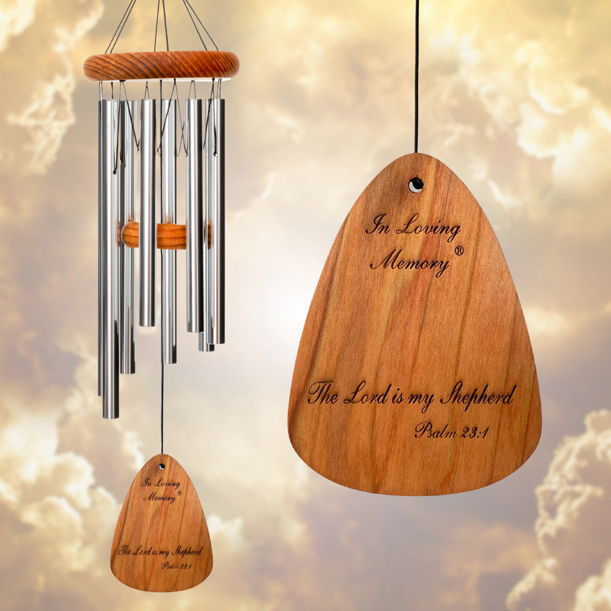 In Loving Memory BRAND wind chime THAT IS 18 inches WITH SILVER ALUMINUM TUBES PRE-ENGRAVED with THE QUOTE, "THE LORD IS MY SHEPHERD. PSALM 23:1" ON THE WIND SAIL, ALL OF WHICH IS DISPLAYED IN FRONT OF A LANDSCAPE BACKGROUND