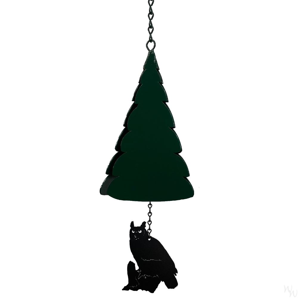 North Country MOUNT BATTIE Buoy Bell – an 8-inch powder‑coated recycled steel bell in a triangular shape WITH CUT OUTS ON THE EDGE GIVING THE BELL A PINE TREE LOOK, hanging from jack chain with customizable windcatcher sailing below; finished in GLOSSY GREEN that weathers into rich rust tones