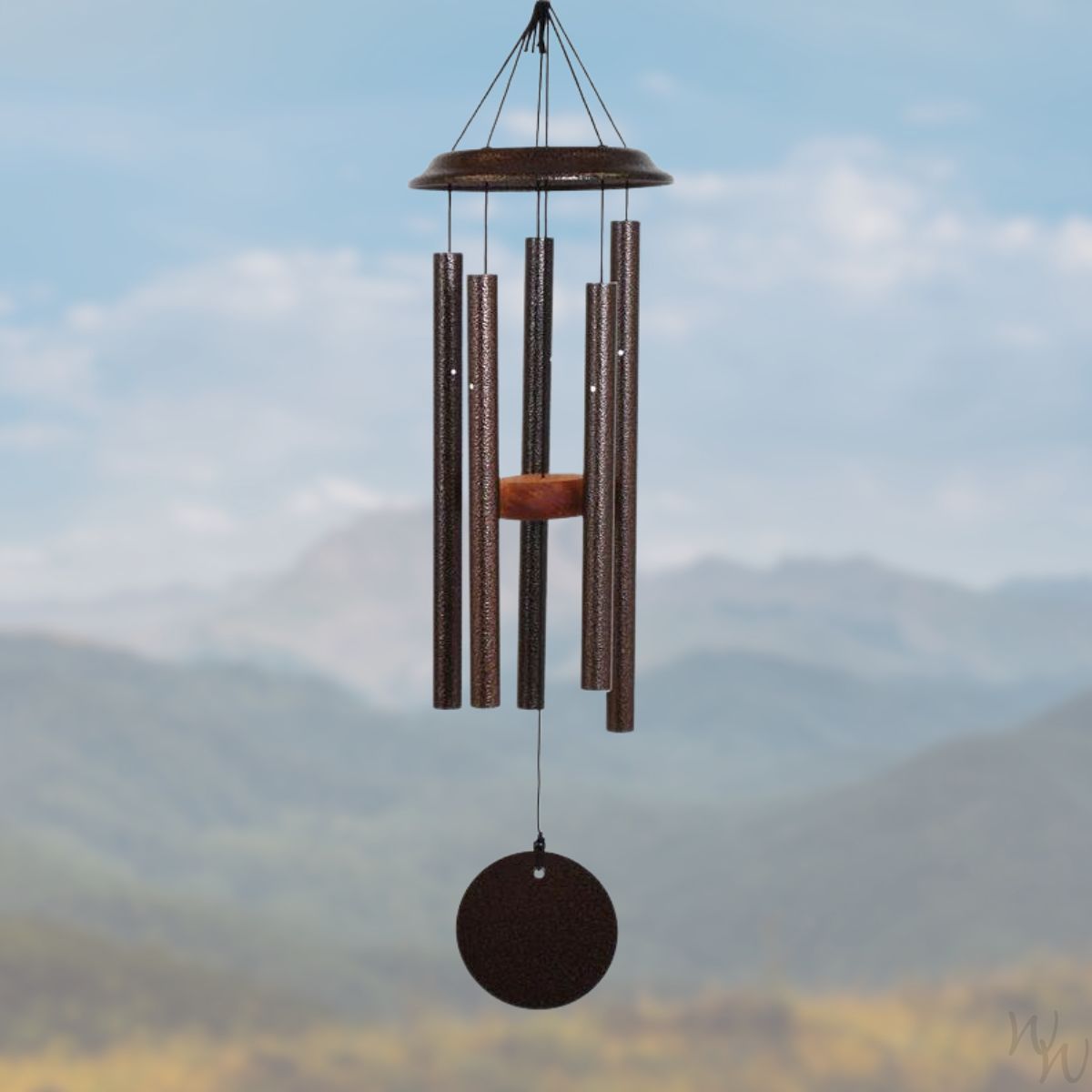 Shenandoah brand wind chime that is copper colored, 26 inches, 5 aluminum tubes, and a wooden striker