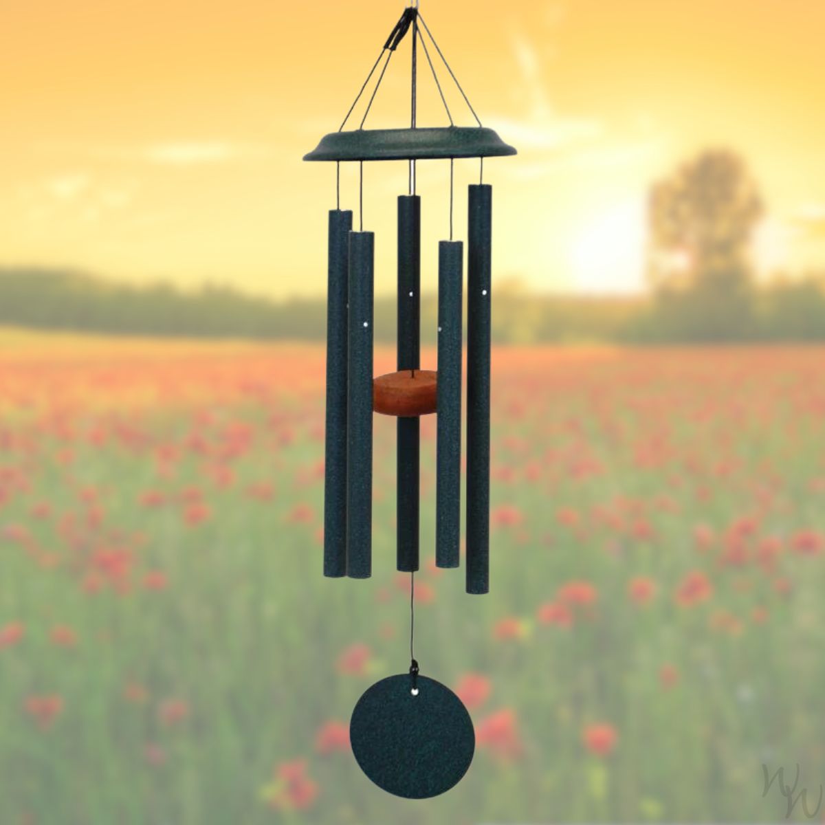 Shenandoah brand wind chime that is green, 26 inches, 5 aluminum tubes, and a wooden striker