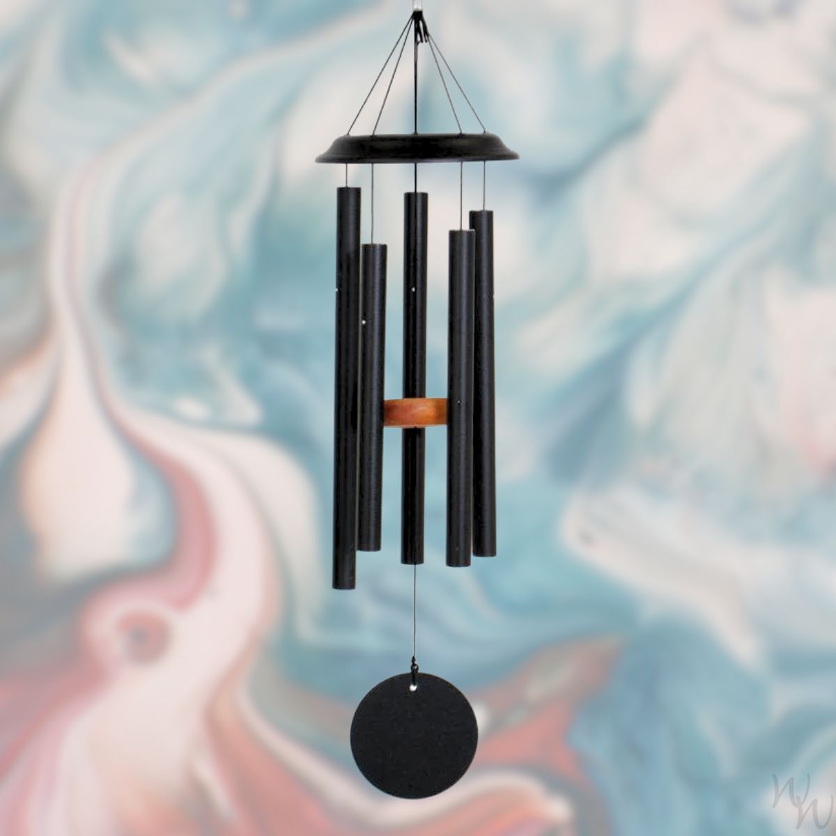 Shenandoah brand wind chime that is colored black, 29 inches, has 5 aluminum tubes, and a wooden striker displayed in front of a landscape background