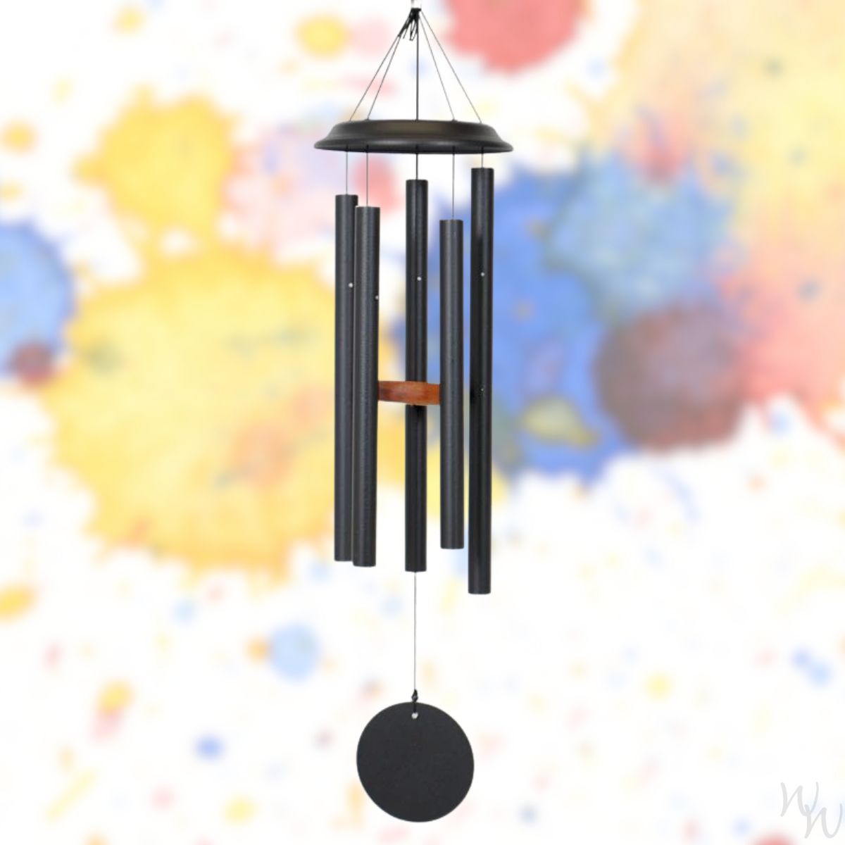 Shenandoah brand wind chime that is colored black, 35 inches, has 5 aluminum tubes, and a wooden striker displayed in front of a landscape background