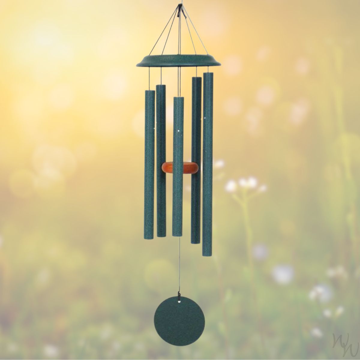 Shenandoah brand wind chime that is colored green, 35 inches, has 5 aluminum tubes, and a wooden striker displayed in front of a landscape background