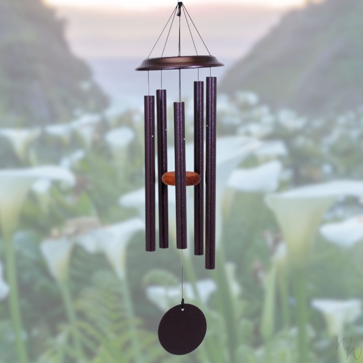 Shenandoah brand wind chime that is colored plum, 35 inches, has 5 aluminum tubes, and a wooden striker displayed in front of a landscape background