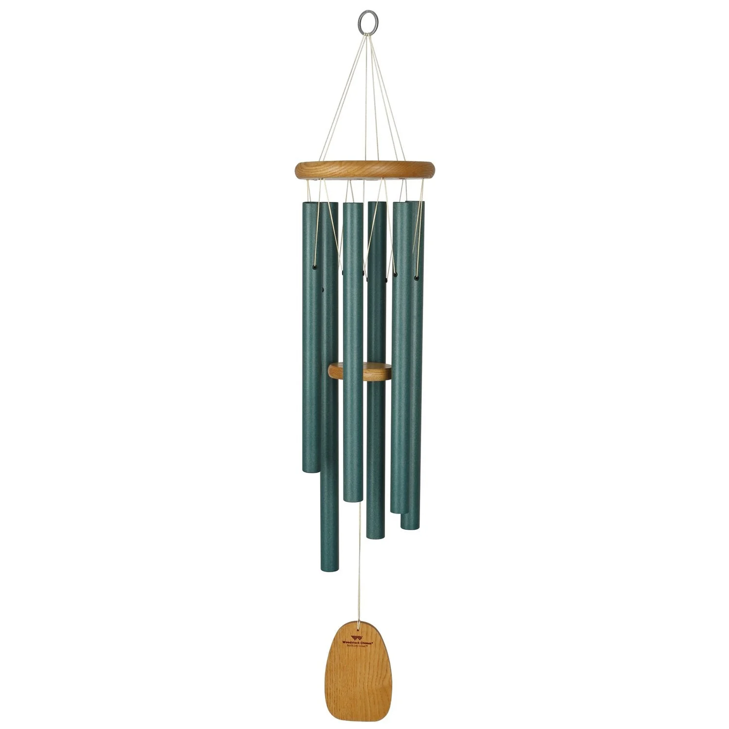 Green Woodstock Seascapes wind chime in size Large, 37 inches, with wooden accents on a white background