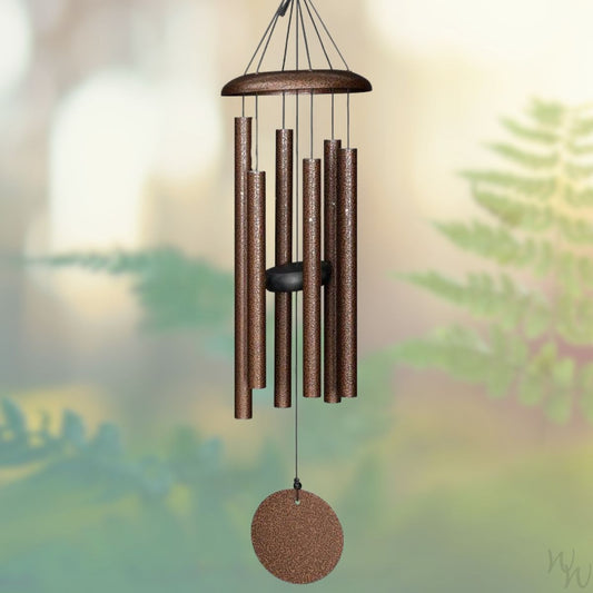 Corinthian brand wind chime that is colored copper, 27 inches, 6 aluminum tubes, and a wooden striker