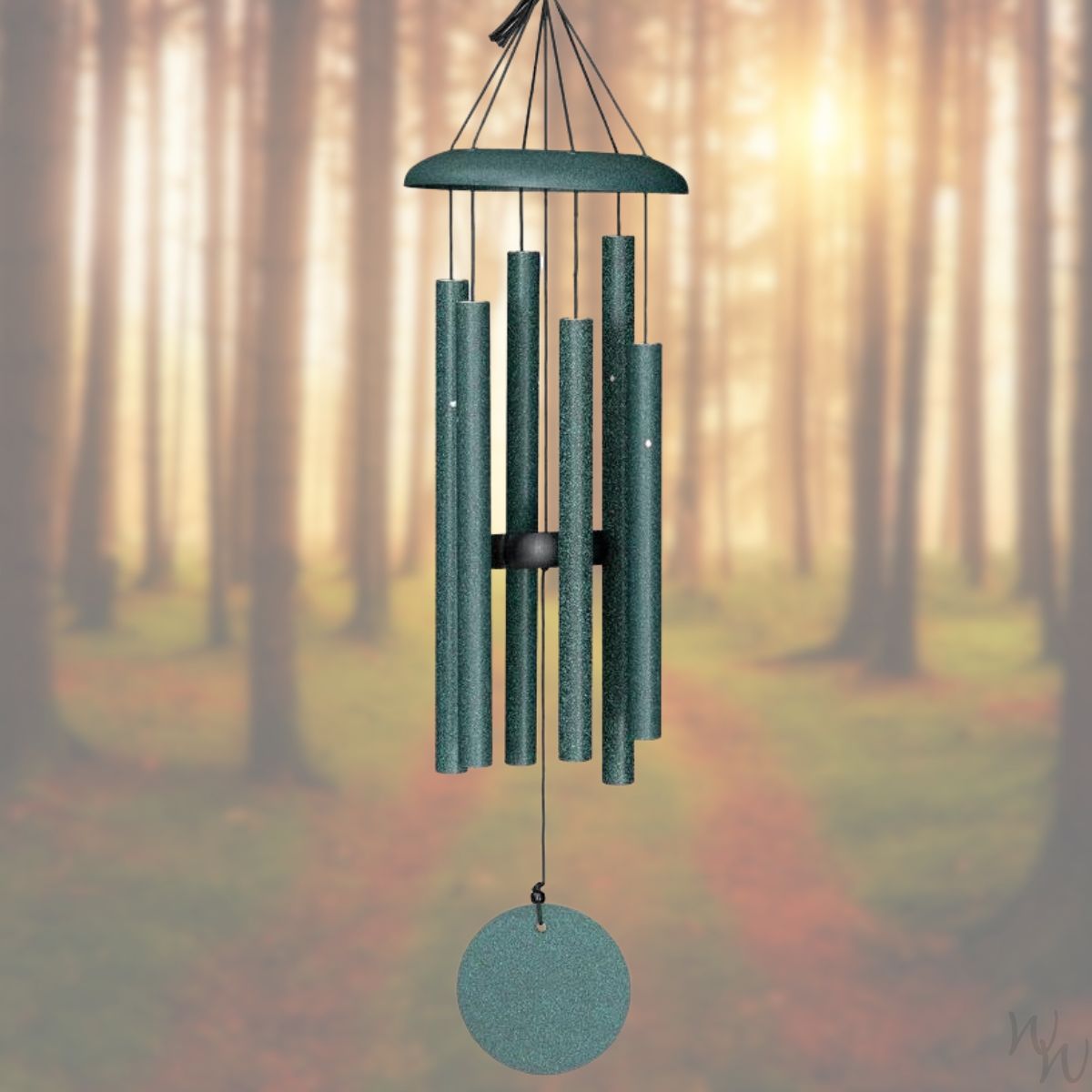 Corinthian brand wind chime that is colored green, 27 inches, 6 aluminum tubes, and a wooden striker
