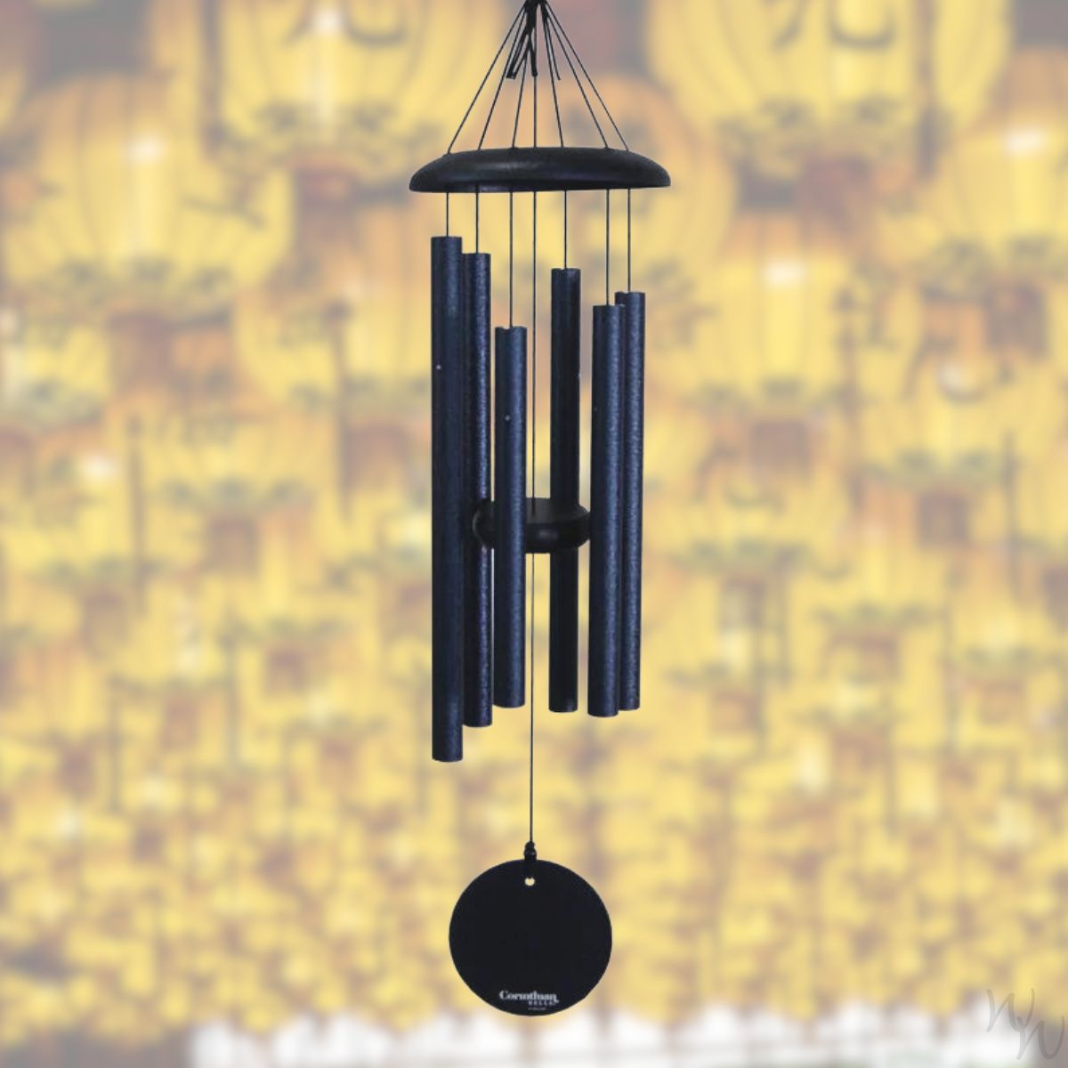 Corinthian brand wind chime that is colored midnight blue, 27 inches, 6 aluminum tubes, and a wooden striker