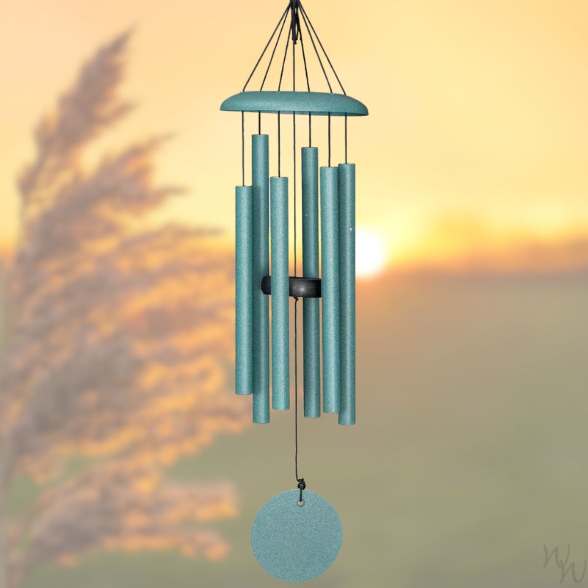 Corinthian brand wind chime that is colored patina green, 27 inches, 6 aluminum tubes, and a wooden striker