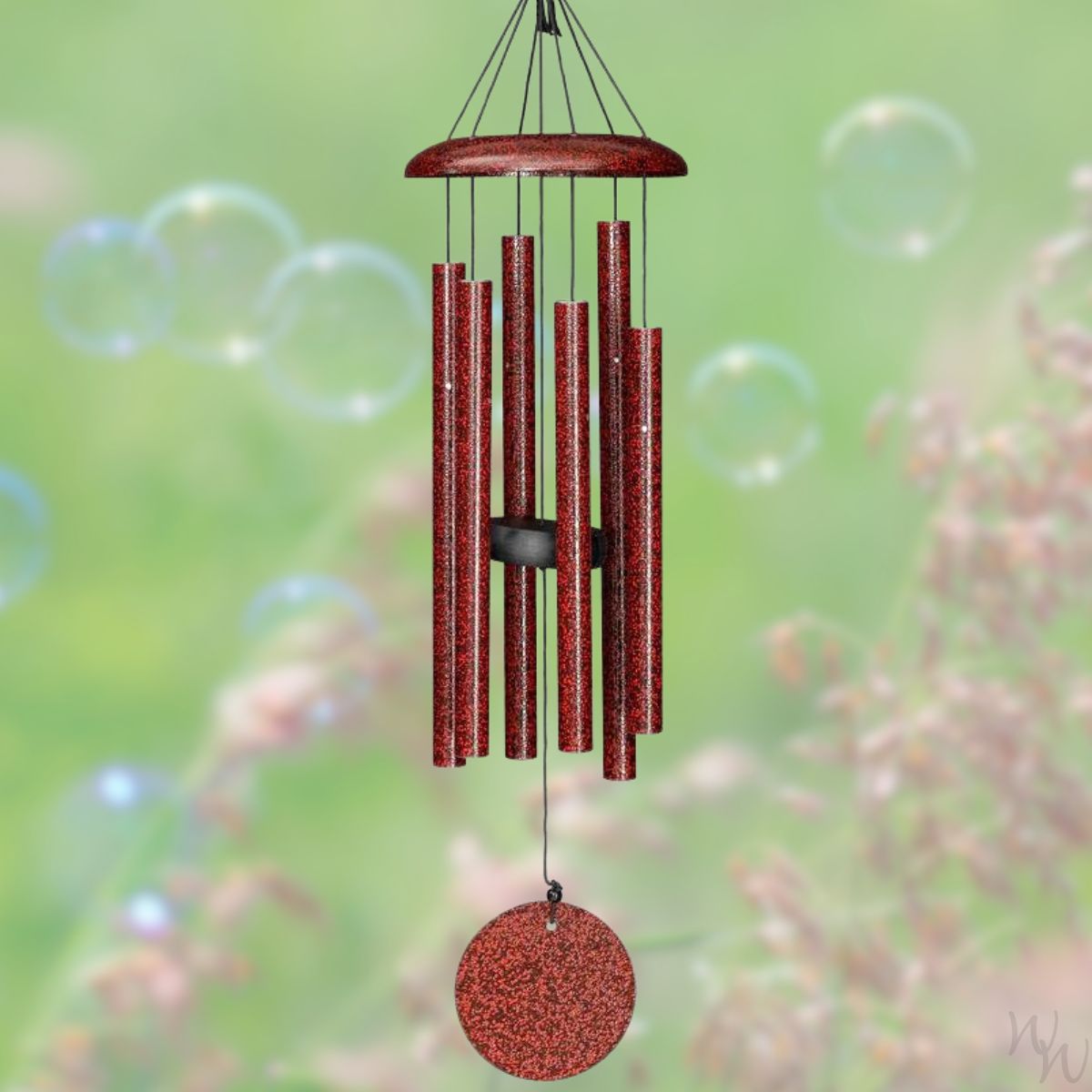 Corinthian brand wind chime that is colored ruby red, 27 inches, 6 aluminum tubes, and a wooden striker