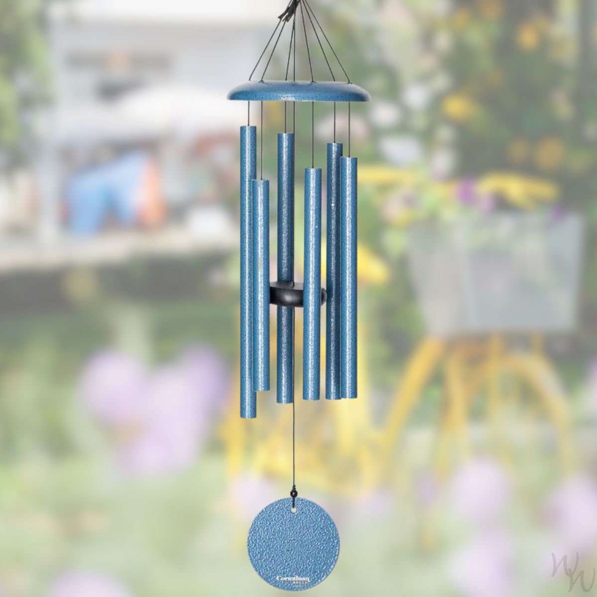 Corinthian brand wind chime that is colored sky blue, 27 inches, 6 aluminum tubes, and a wooden striker