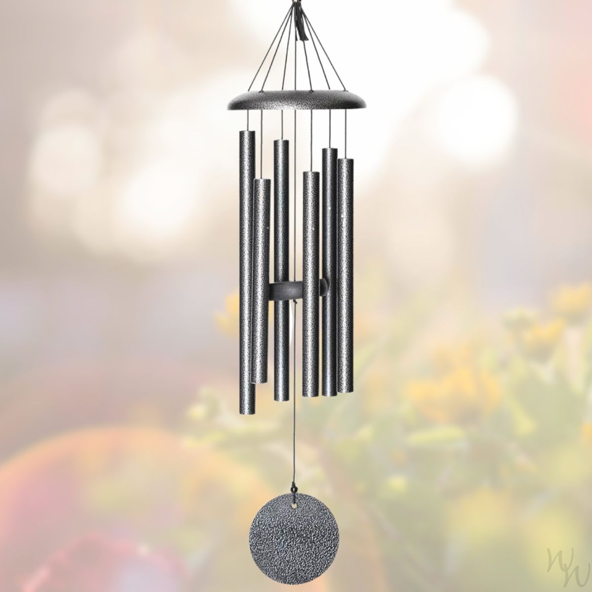 Corinthian brand wind chime that is colored silver, 27 inches, 6 aluminum tubes, and a wooden striker