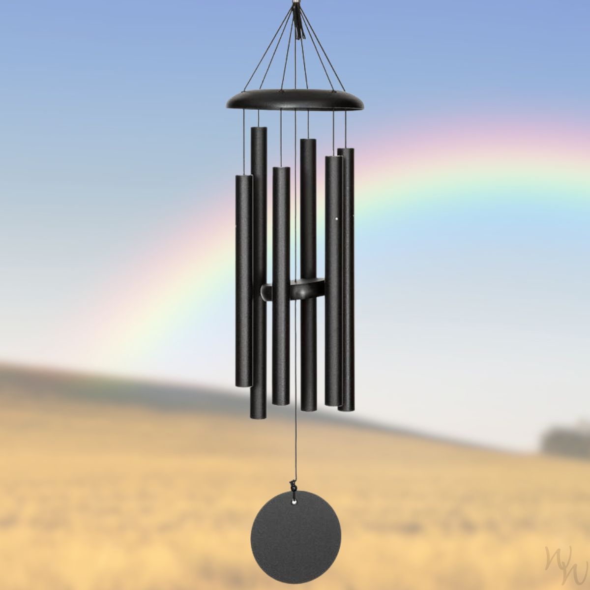 Corinthian brand wind chime that is colored black, 30 inches, 6 aluminum tubes, and a wooden striker