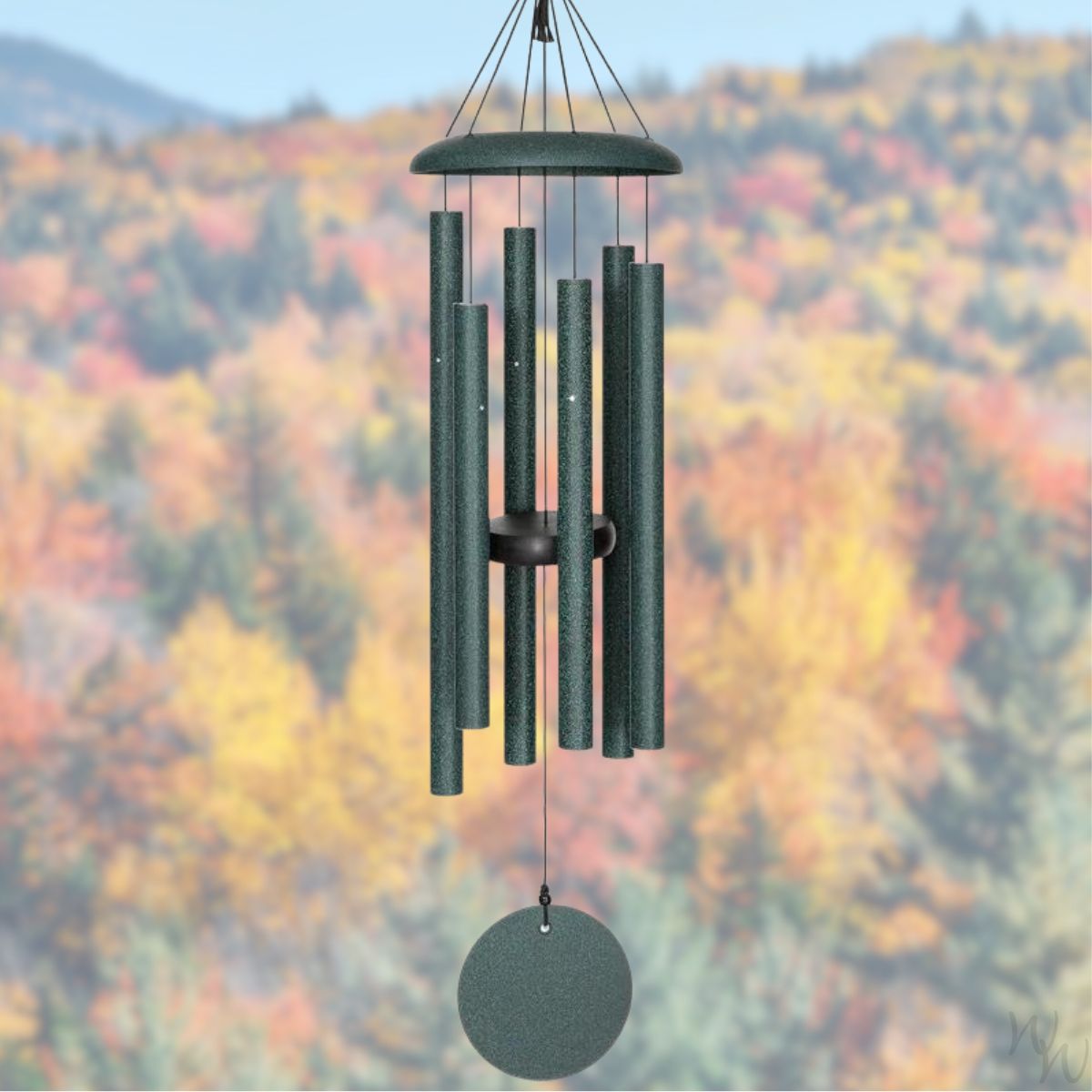 Corinthian brand wind chime that is colored green, 30 inches, 6 aluminum tubes, and a wooden striker