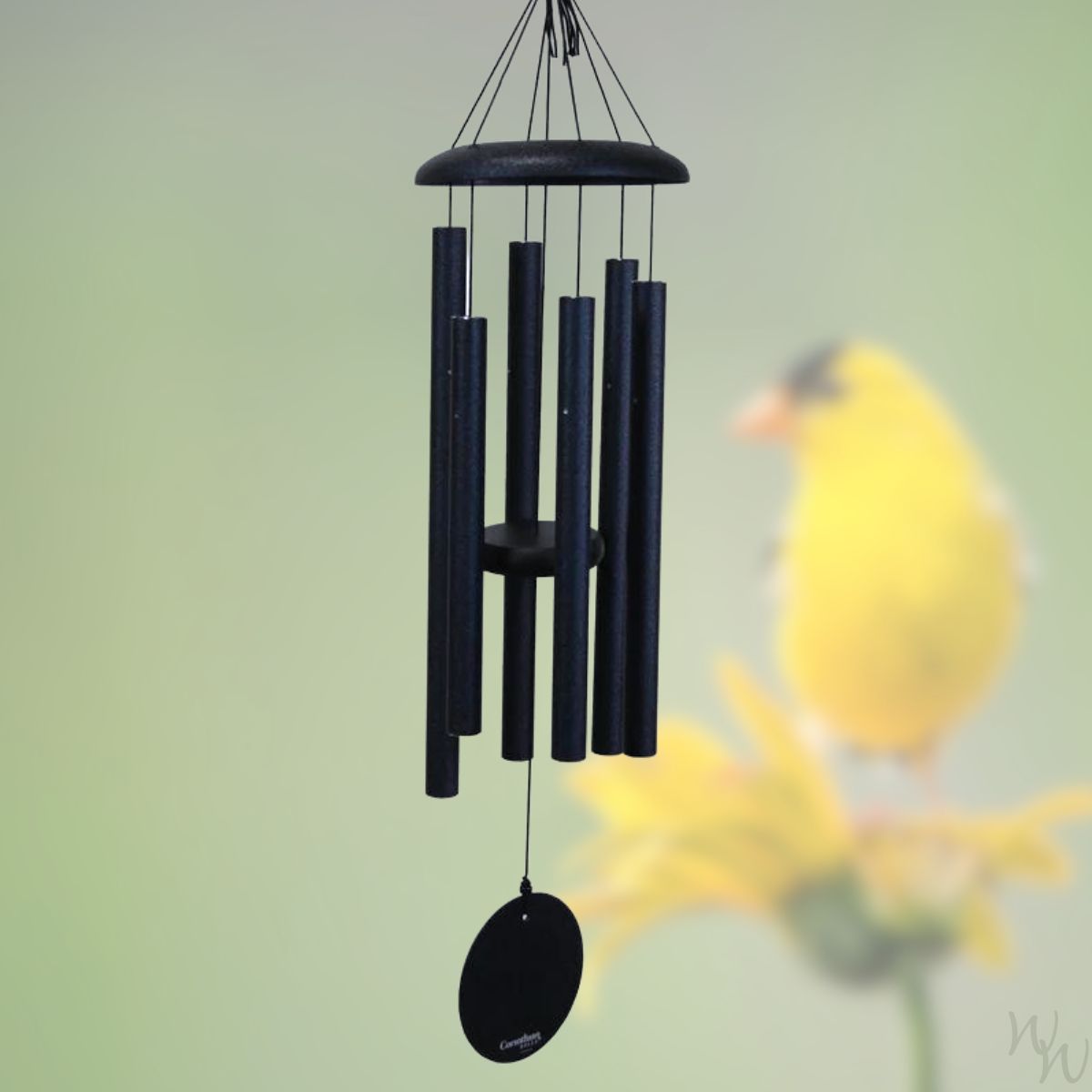 Corinthian brand wind chime that is colored midnight blue, 30 inches, 6 aluminum tubes, and a wooden striker