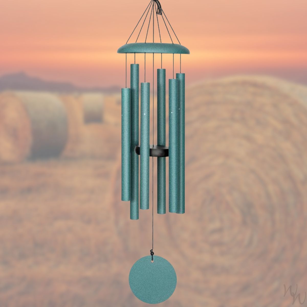 Corinthian brand wind chime that is colored patina green, 30 inches, 6 aluminum tubes, and a wooden striker