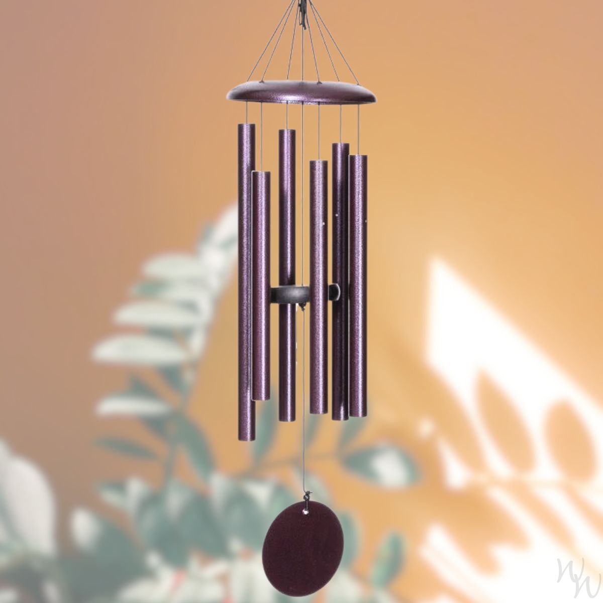Corinthian brand wind chime that is colored plum, 30 inches, 6 aluminum tubes, and a wooden striker