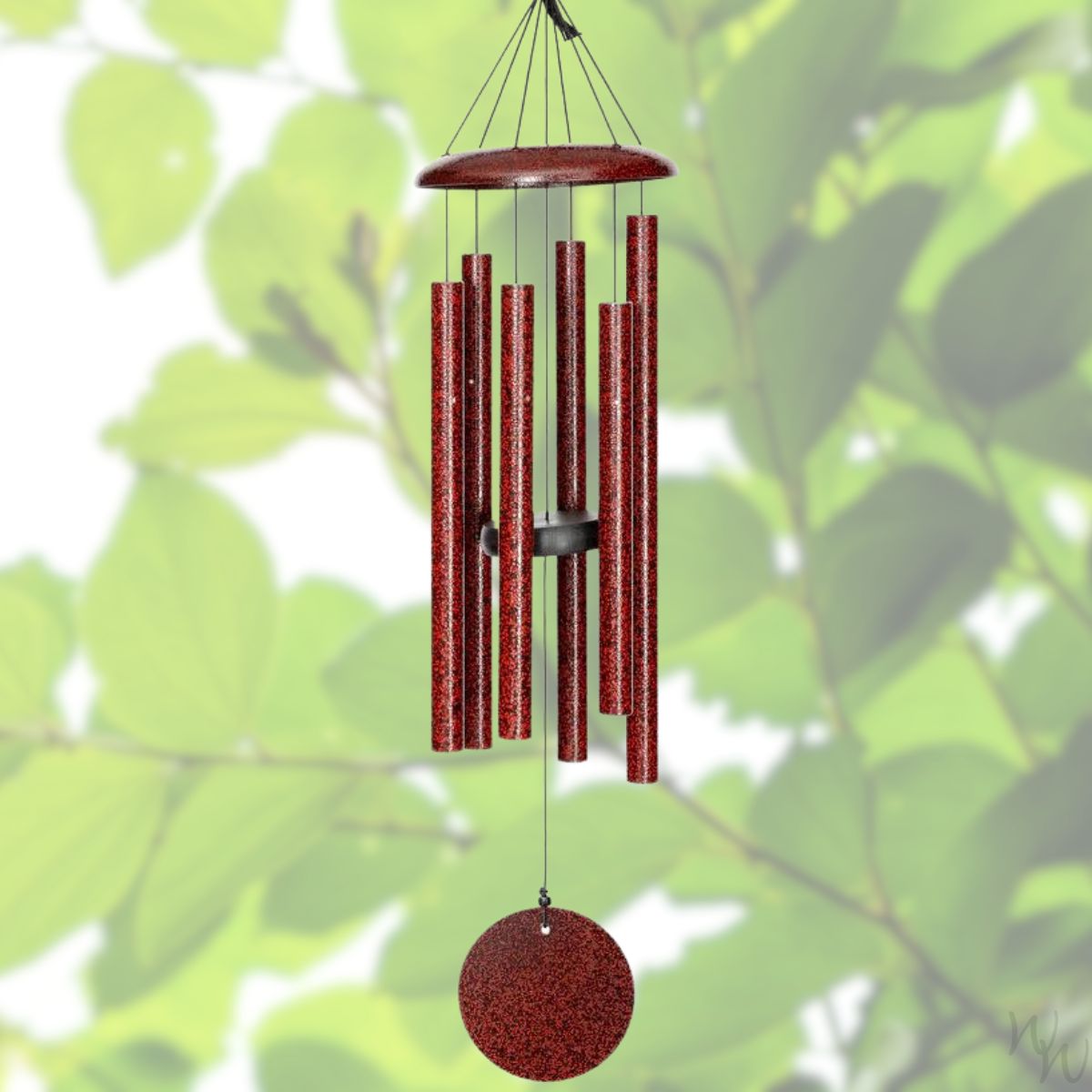 Corinthian brand wind chime that is colored ruby red, 30 inches, 6 aluminum tubes, and a wooden striker