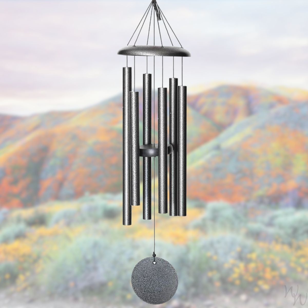 Corinthian brand wind chime that is colored silver, 30 inches, 6 aluminum tubes, and a wooden striker