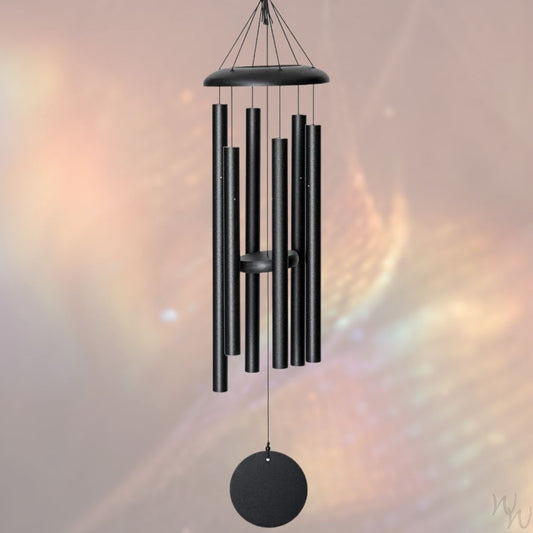 Corinthian brand wind chime that is colored black, 36 inches, 6 aluminum tubes, and a wooden striker