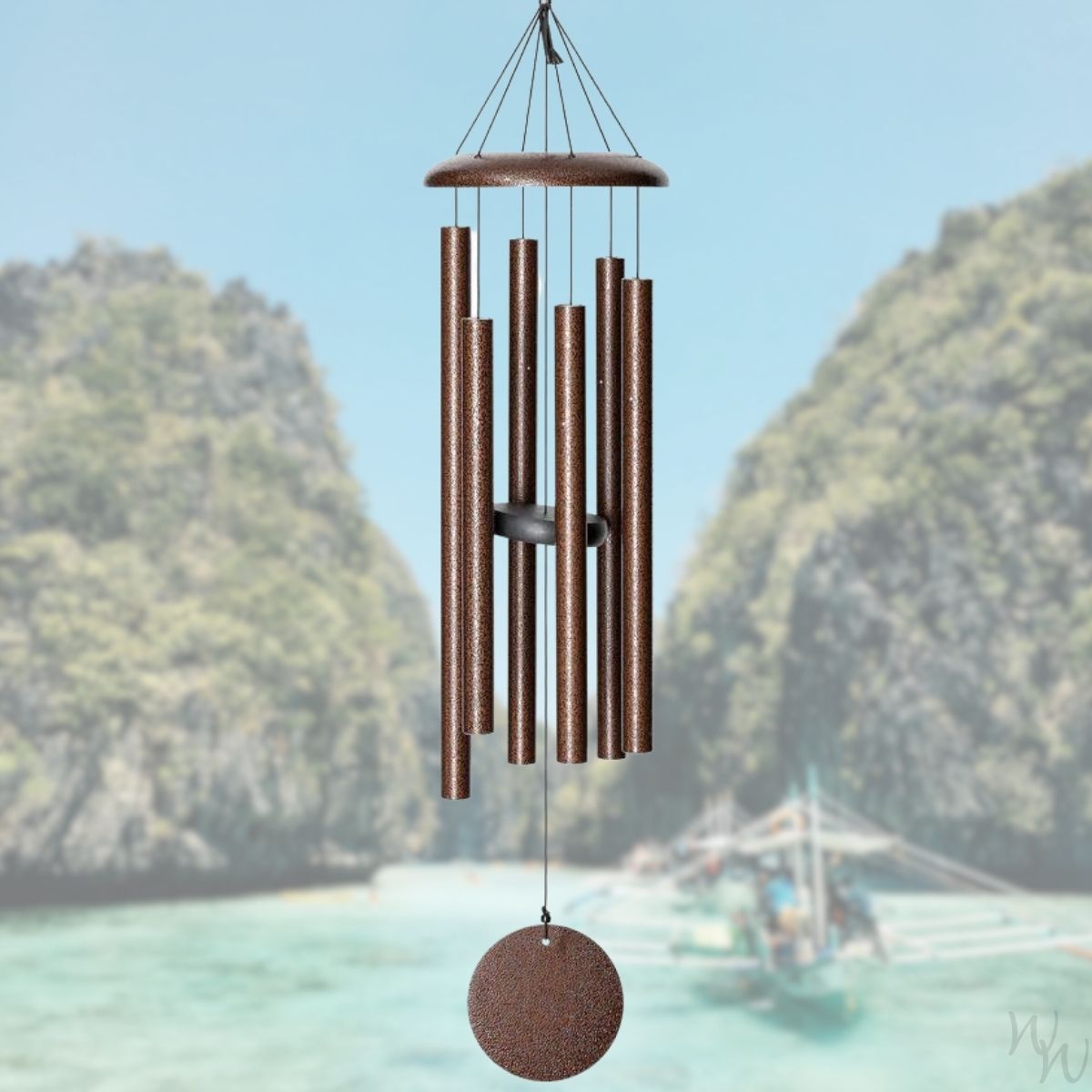 Corinthian brand wind chime that is colored copper, 36 inches, 6 aluminum tubes, and a wooden striker
