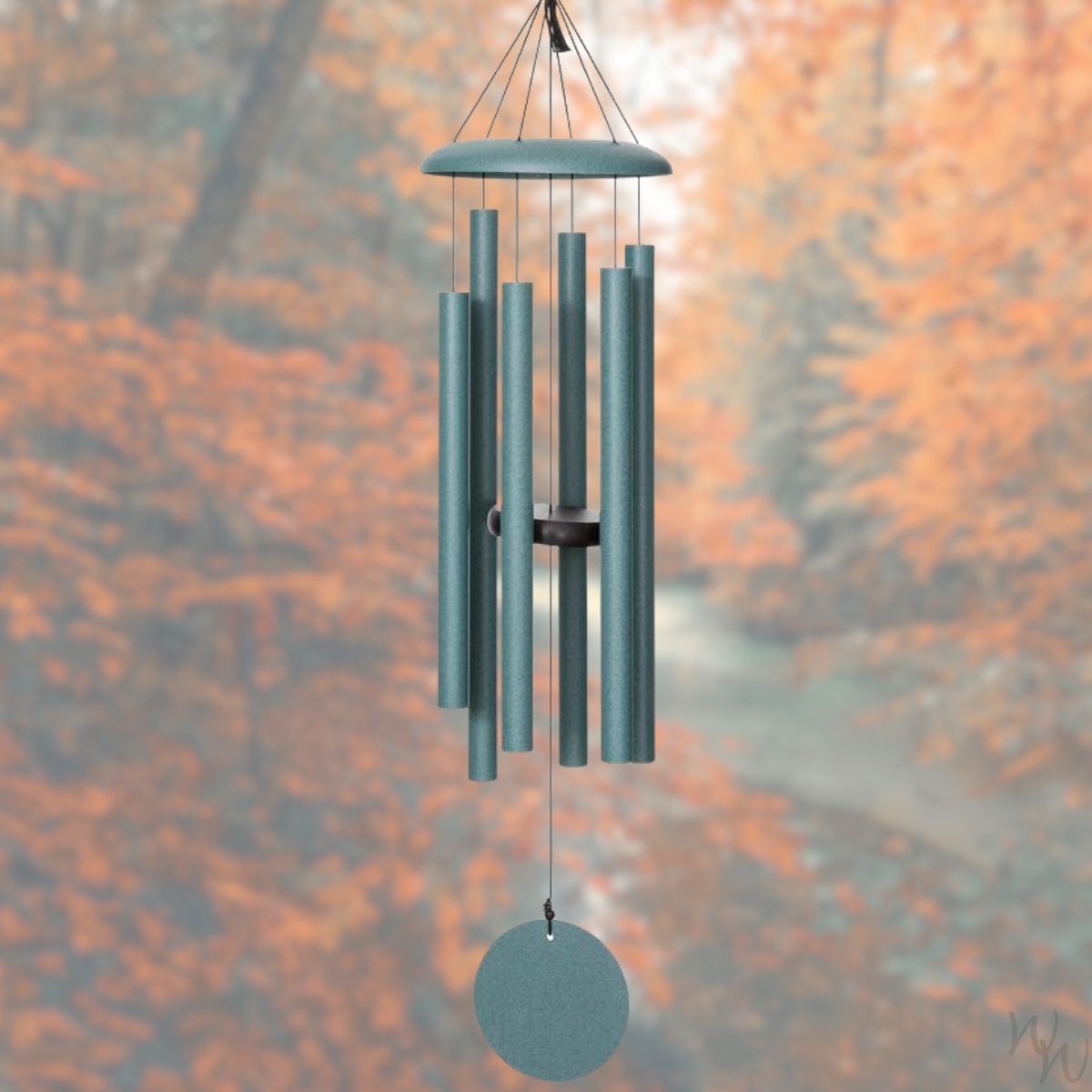 Corinthian brand wind chime that is colored green, 36 inches, 6 aluminum tubes, and a wooden striker