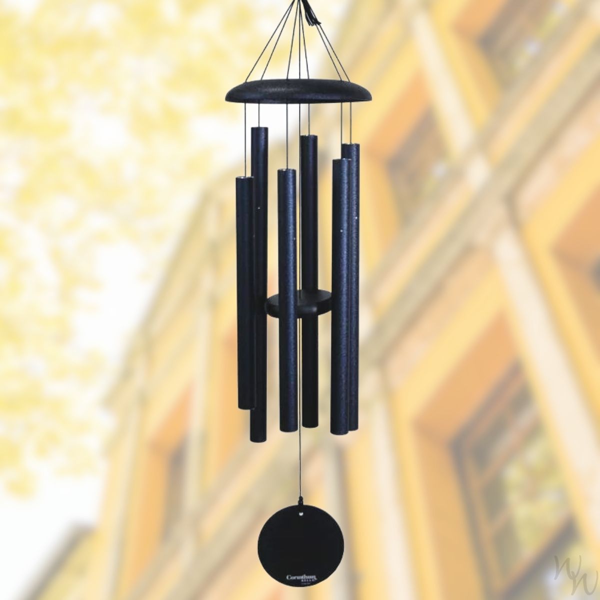 Corinthian brand wind chime that is colored midnight blue, 36 inches, 6 aluminum tubes, and a wooden striker