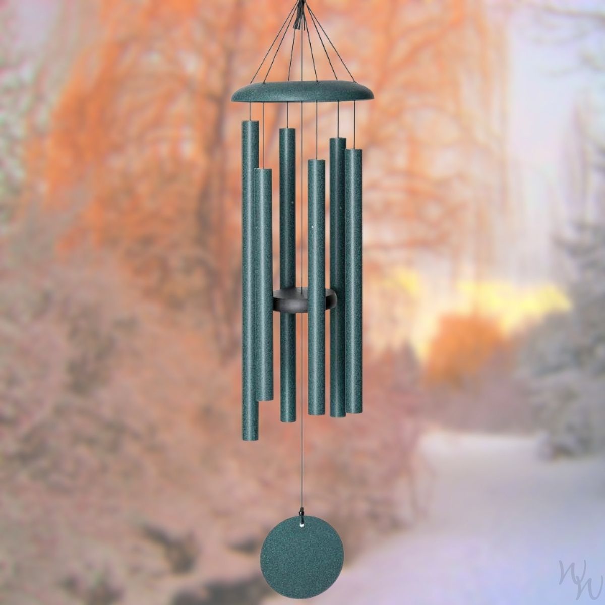 Corinthian brand wind chime that is colored patina green, 36 inches, 6 aluminum tubes, and a wooden striker