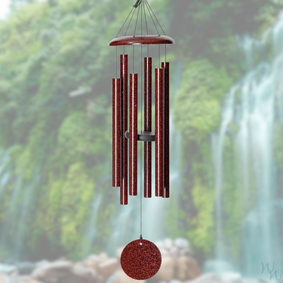 Corinthian brand wind chime that is colored ruby red, 36 inches, 6 aluminum tubes, and a wooden striker