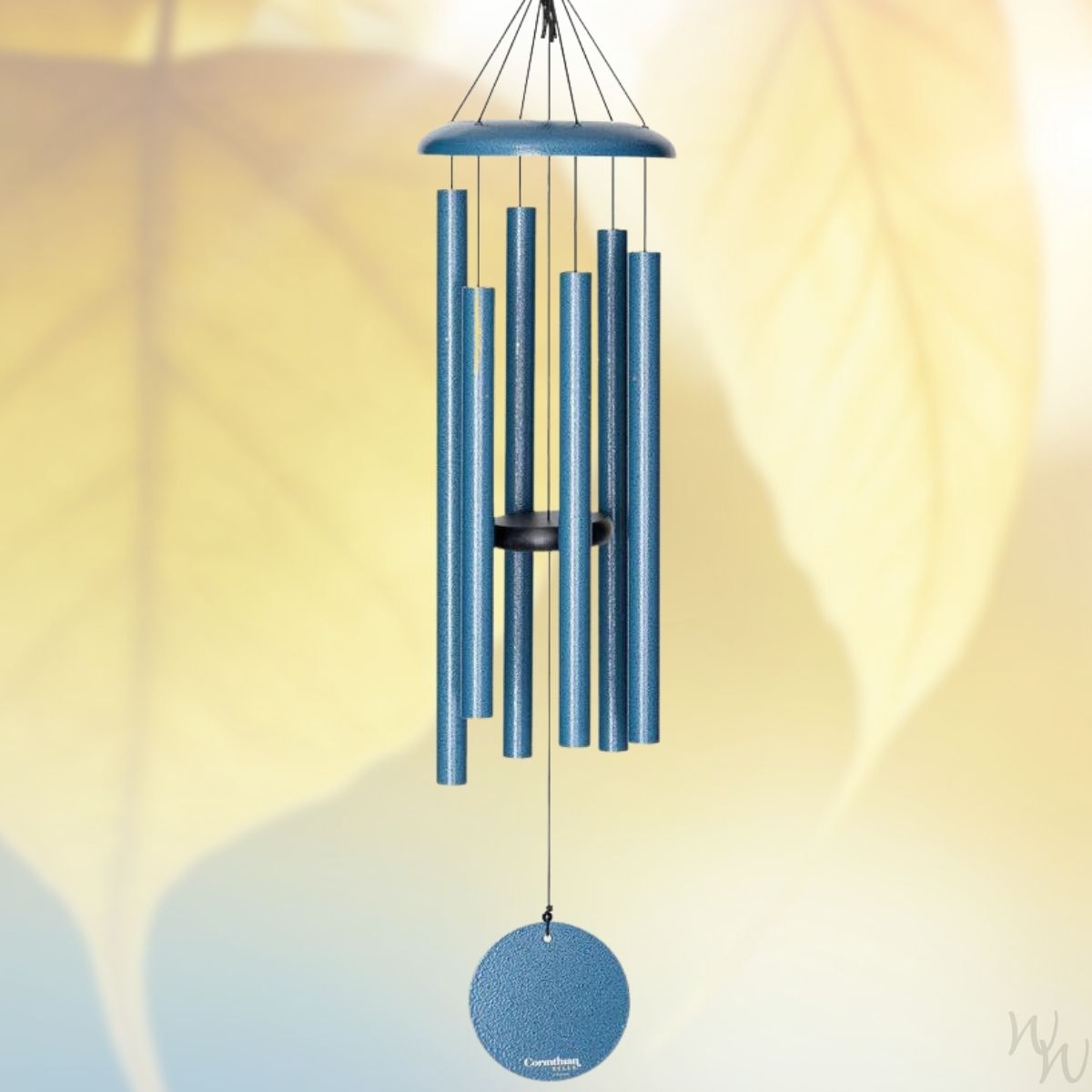 Corinthian brand wind chime that is colored sky blue, 36 inches, 6 aluminum tubes, and a wooden striker