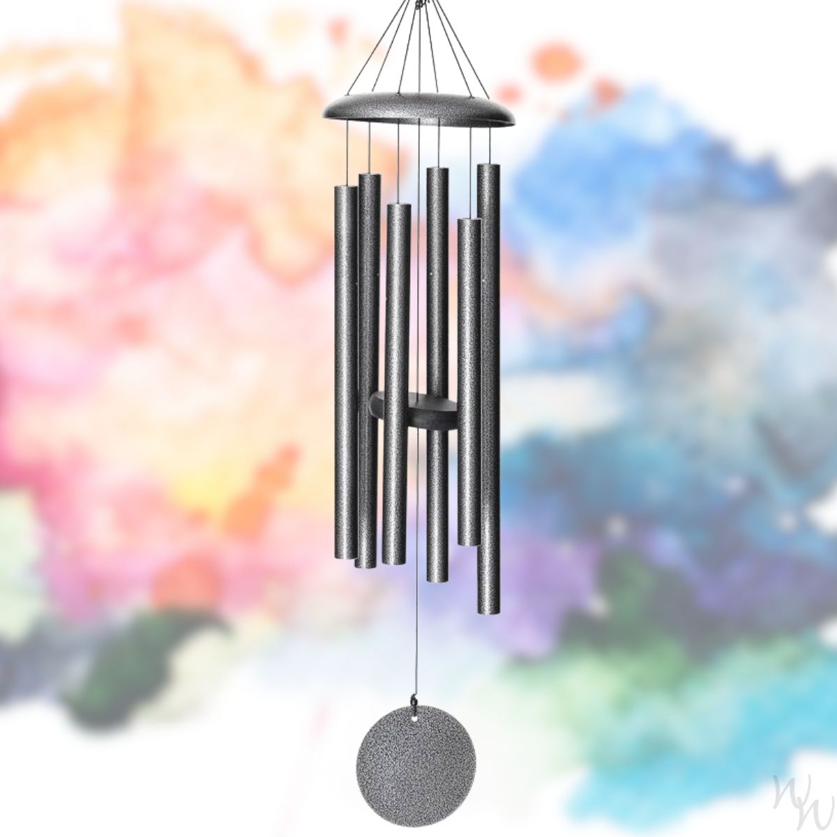 Corinthian brand wind chime that is colored silver, 36 inches, 6 aluminum tubes, and a wooden striker