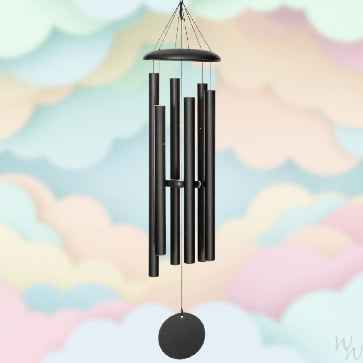 Corinthian brand wind chime that is colored black, 44 inches, 6 aluminum tubes, and a wooden striker