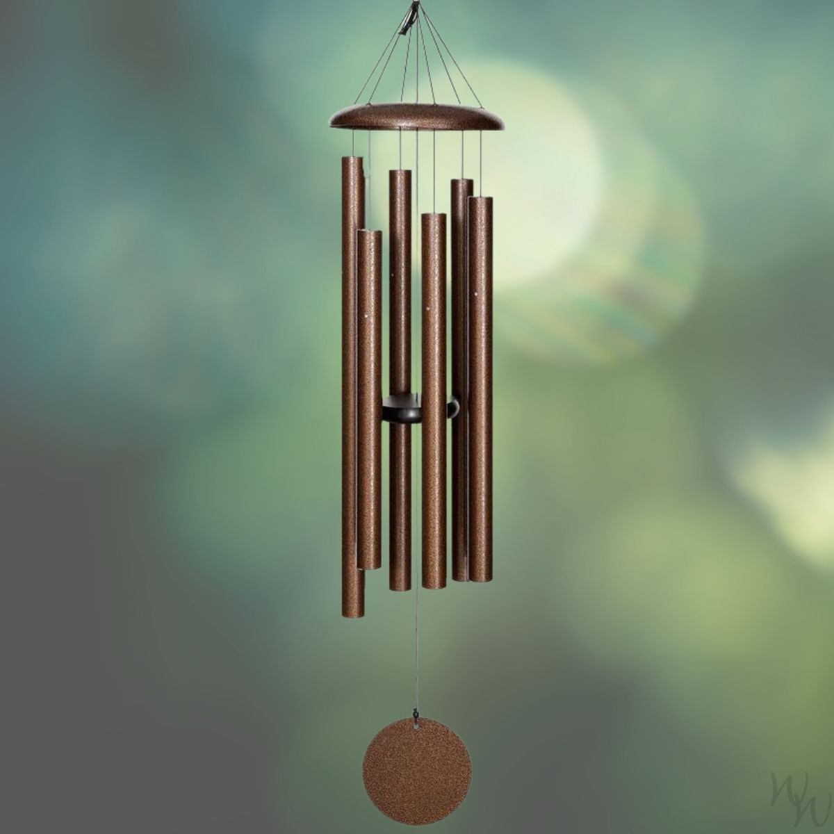 Corinthian brand wind chime that is colored copper, 44 inches, 6 aluminum tubes, and a wooden striker