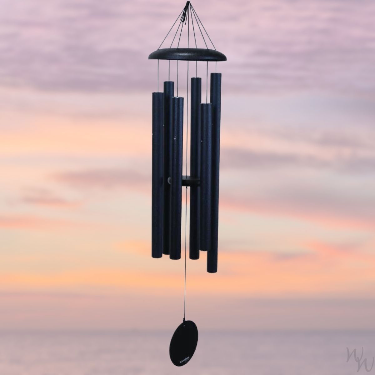 Corinthian brand wind chime that is colored midnight blue, 44 inches, 6 aluminum tubes, and a wooden striker
