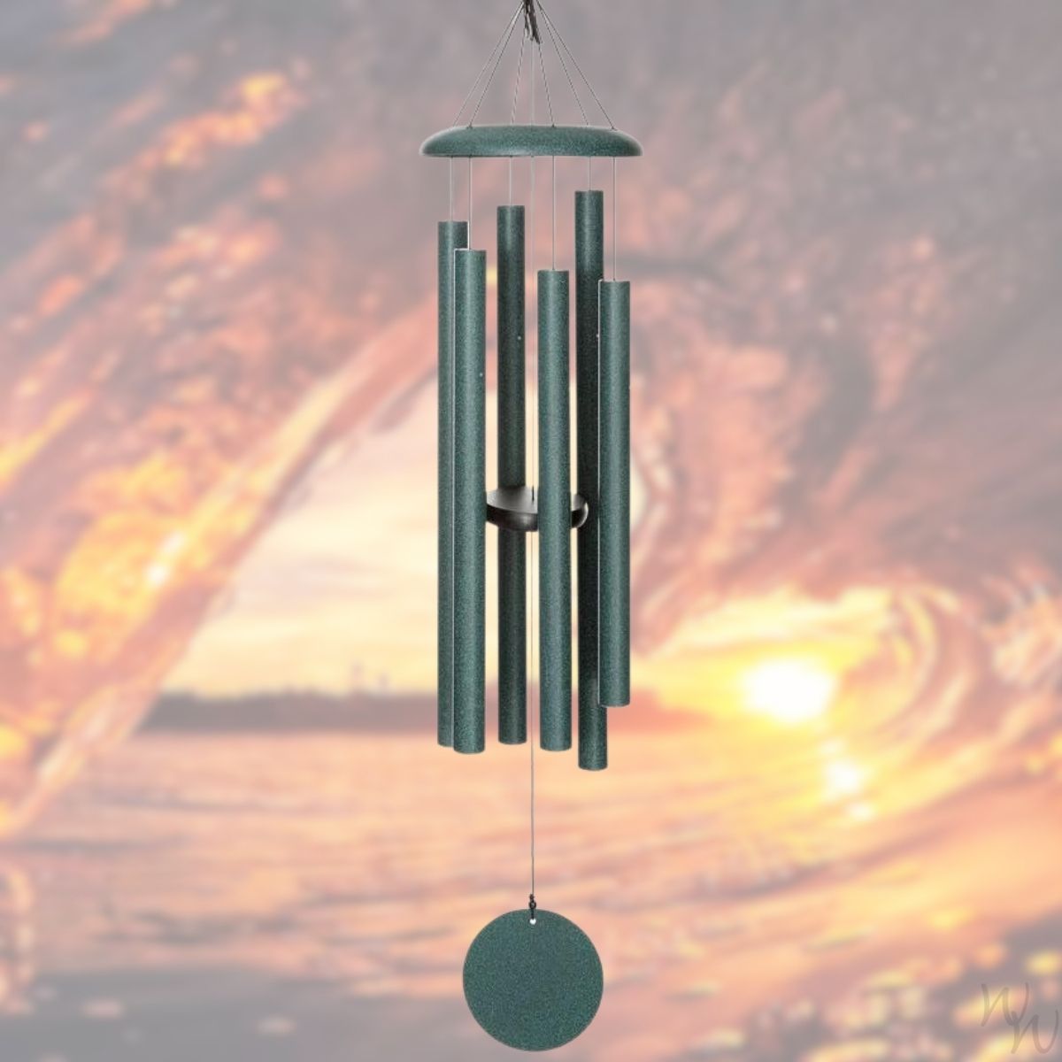 Corinthian brand wind chime that is colored patina green, 44 inches, 6 aluminum tubes, and a wooden striker