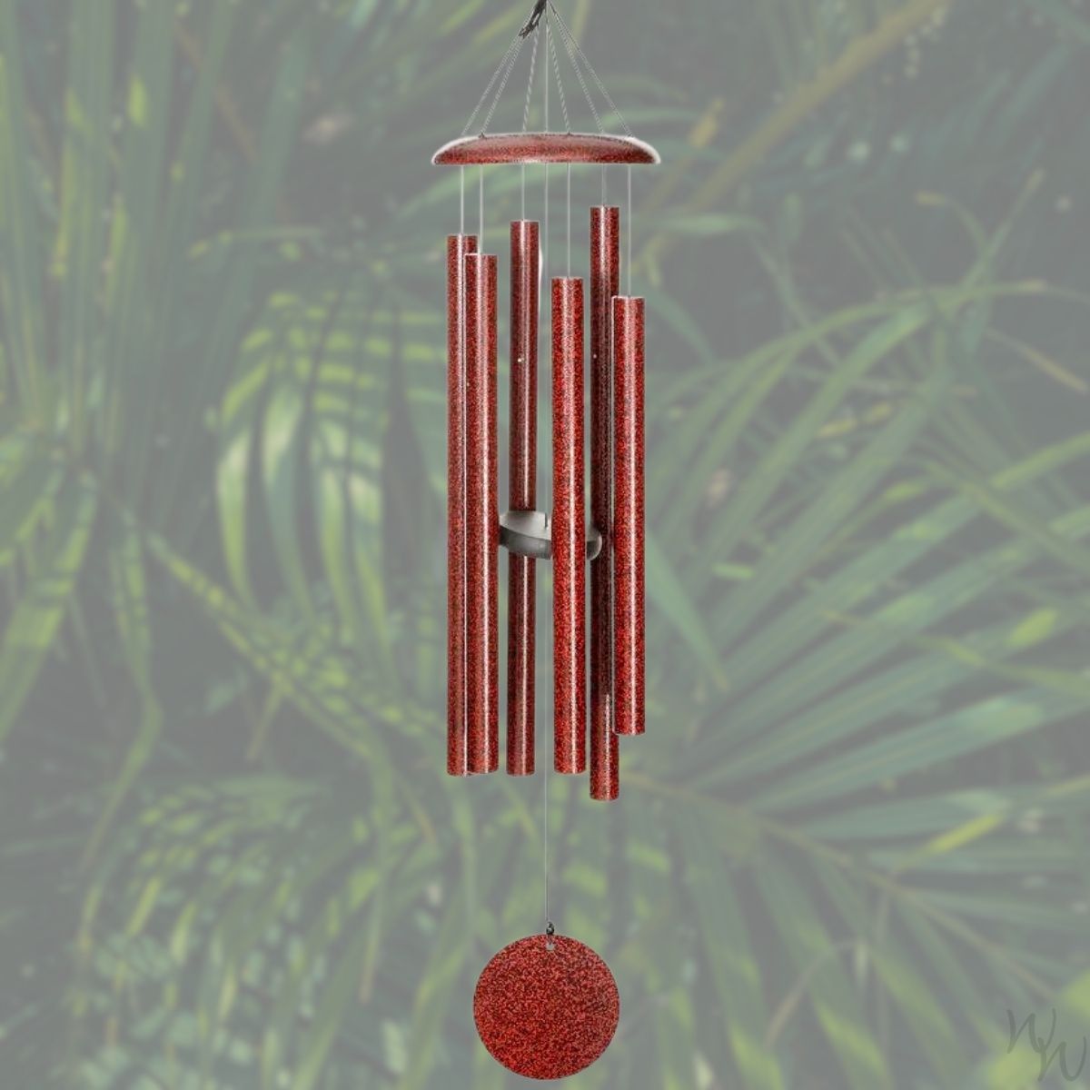 Corinthian brand wind chime that is colored ruby red, 44 inches, 6 aluminum tubes, and a wooden striker