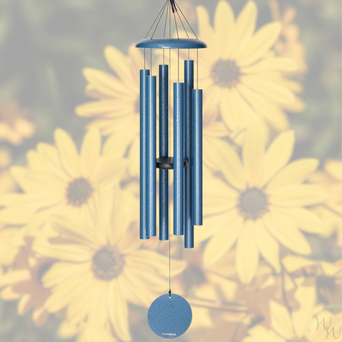 Corinthian brand wind chime that is colored sky blue, 44 inches, 6 aluminum tubes, and a wooden striker