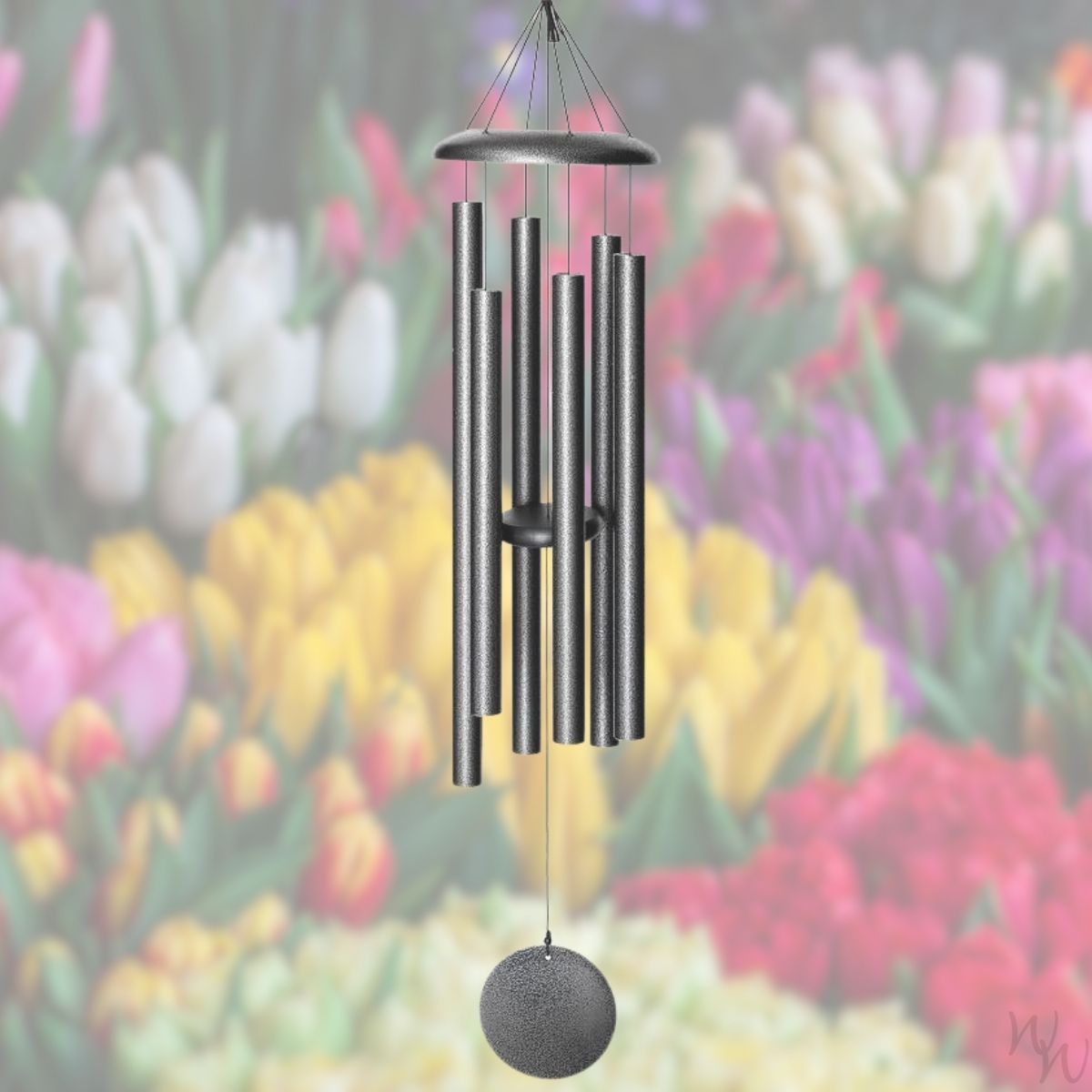 Corinthian brand wind chime that is colored silver, 44 inches, 6 aluminum tubes, and a wooden striker